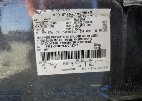 2020 Ford Explorer Xlt z USA, uszkodzony, nr VIN 1FMSK7DH2LGC42243